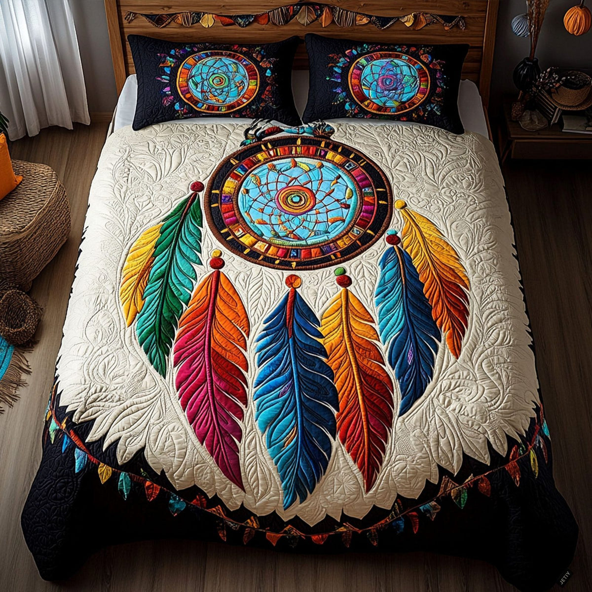 Spirit Catcher quilted 3-piece bedding set on a made bed with two matching pillow shams