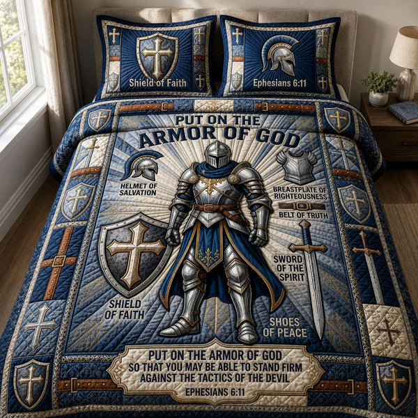 Spirit Defender quilted 3-piece bedding set on a made bed with two matching pillow shams