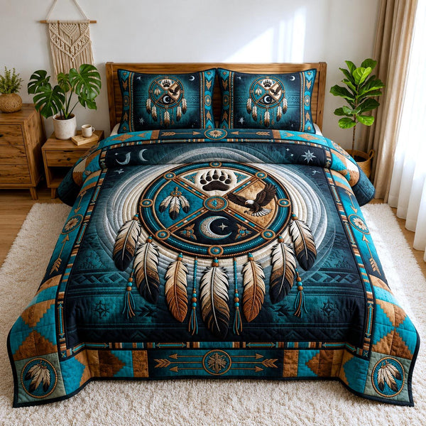 Spirit Dreams quilted 3-piece bedding set on a made bed with two matching pillow shams