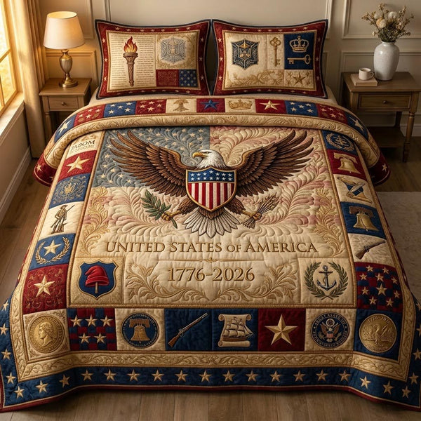 Spirit Eagle quilted 3-piece bedding set on a made bed in a warmly lit bedroom