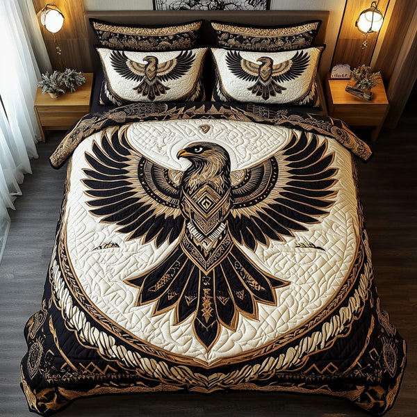 Spirit Eagle quilted 3-piece bedding set on a made bed in a warmly lit bedroom
