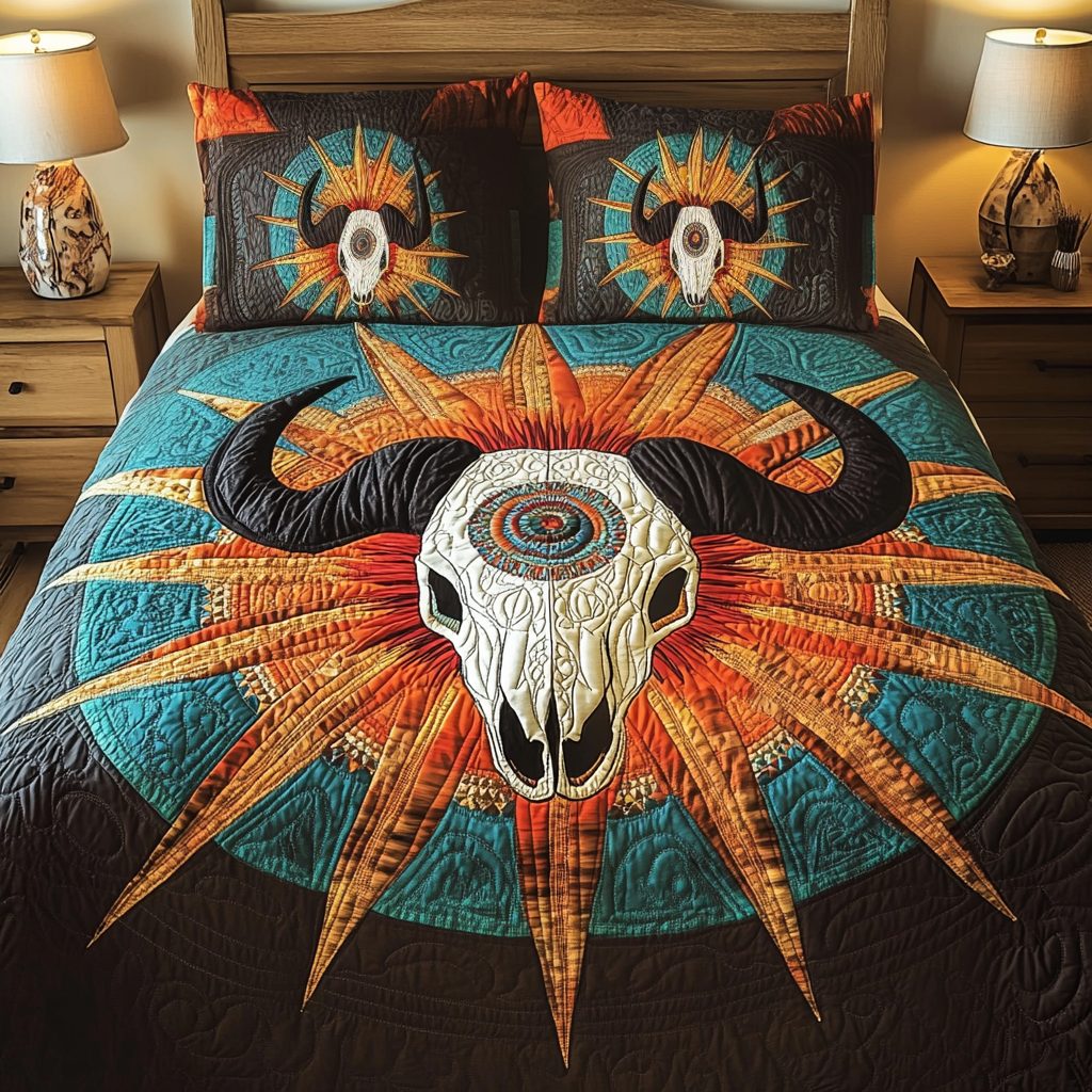 Spirit Feather quilted 3-piece bedding set on a made bed with two matching pillow shams