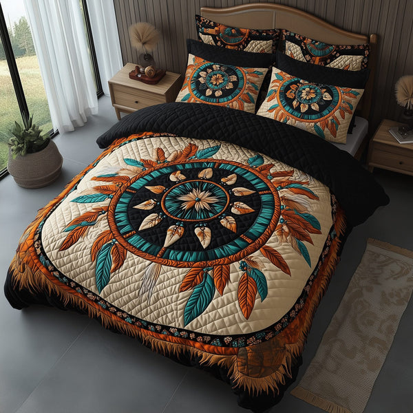 Spirit Guardian quilted 3-piece bedding set on a made bed with two matching pillow shams
