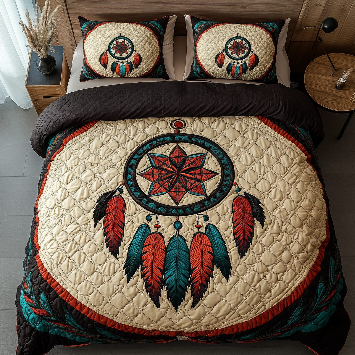 Spirit Guardian quilted 3-piece bedding set on a made bed with two matching pillow shams