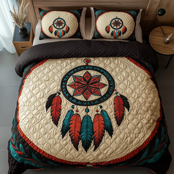 Spirit Guardian quilted 3-piece bedding set on a made bed with two matching pillow shams