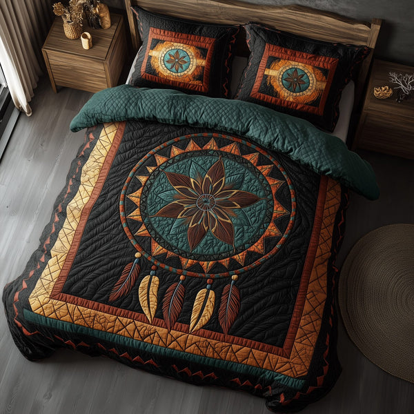 Spirit Guardian quilted 3-piece bedding set on a made bed with two matching pillow shams