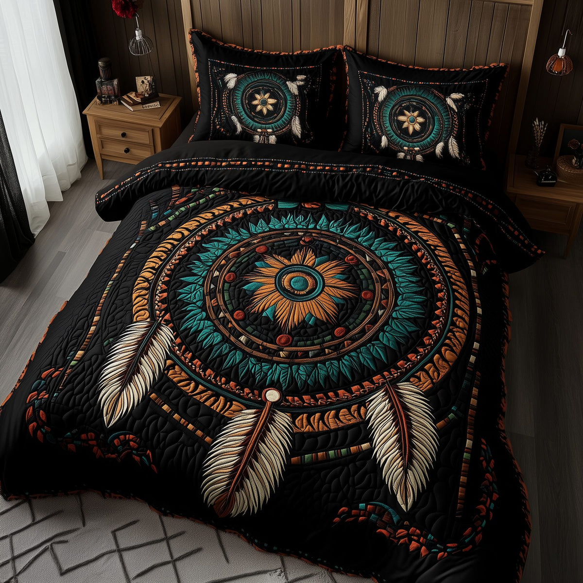 Spirit Guardian quilted 3-piece bedding set on a made bed with two matching pillow shams