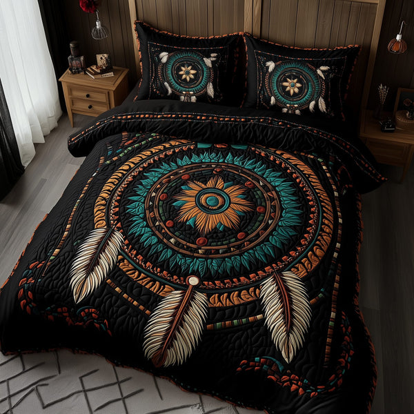 Spirit Guardian quilted 3-piece bedding set on a made bed with two matching pillow shams
