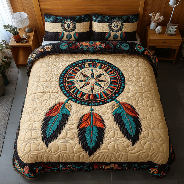 Spirit Guardian quilted 3-piece bedding set on a made bed with two matching pillow shams