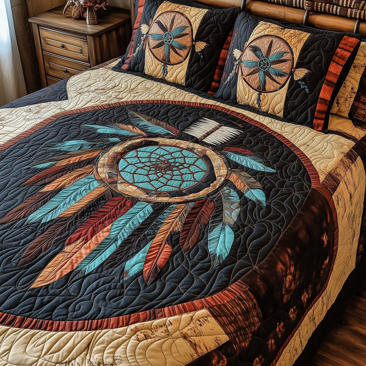 Spirit Guardian quilted 3-piece bedding set on a made bed with two matching pillow shams