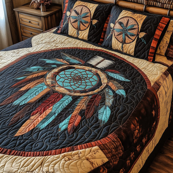 Spirit Guardian quilted 3-piece bedding set on a made bed with two matching pillow shams