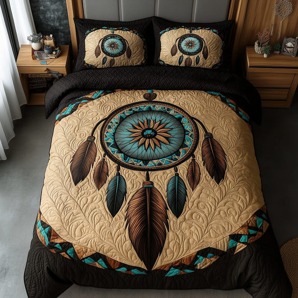 Spirit Guardian quilted 3-piece bedding set on a made bed with two matching pillow shams