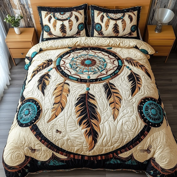 Spirit Guardian quilted 3-piece bedding set on a made bed with two matching pillow shams