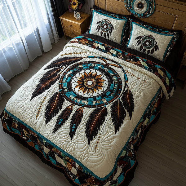 Spirit Guardian quilted 3-piece bedding set on a made bed with two matching pillow shams
