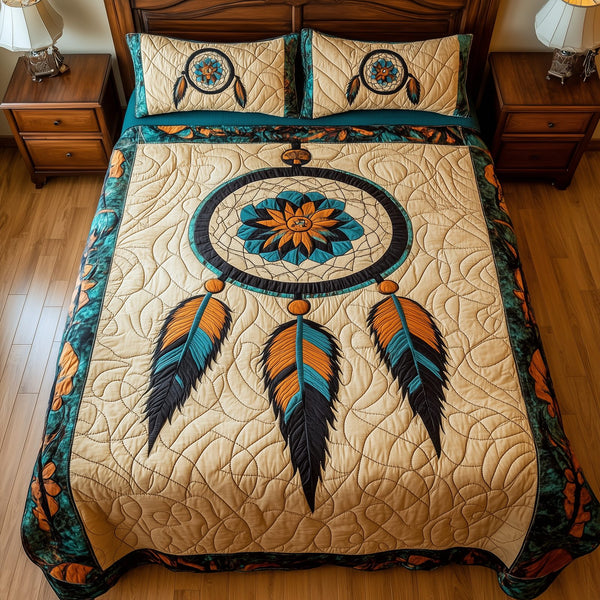 Spirit Guardian quilted 3-piece bedding set on a made bed with two matching pillow shams