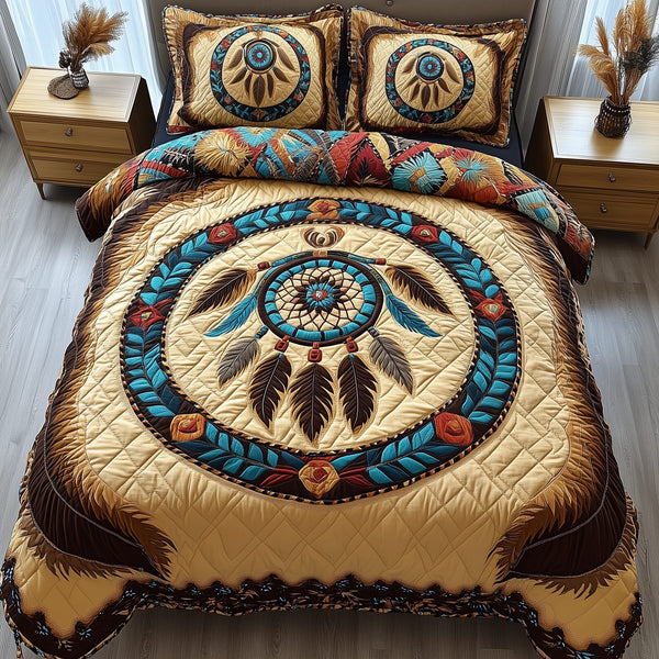 Spirit Guardian quilted 3-piece bedding set on a made bed with two matching pillow shams