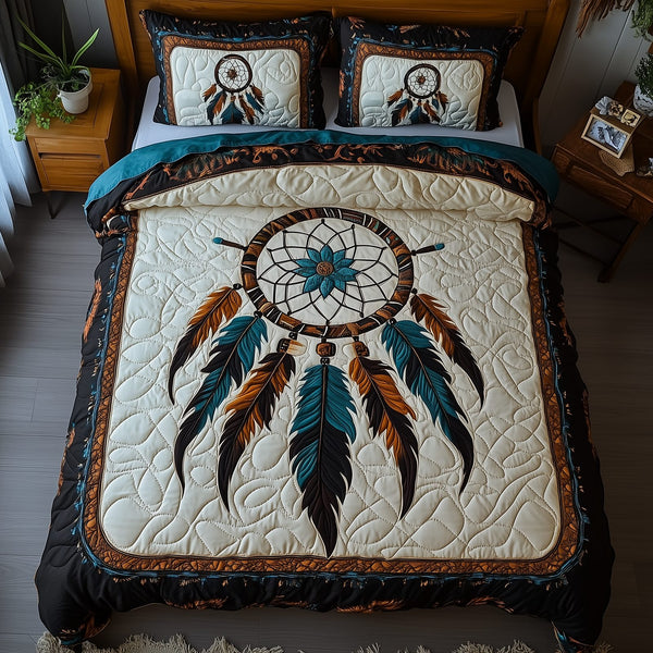 Spirit Guardian quilted 3-piece bedding set on a made bed with two matching pillow shams