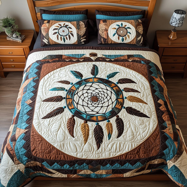 Spirit Guardian quilted 3-piece bedding set on a made bed with two matching pillow shams