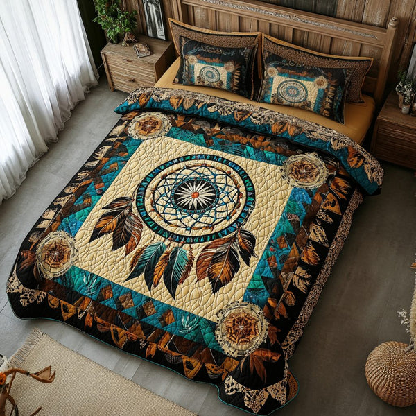 Spirit Guardian quilted 3-piece bedding set on a made bed with two matching pillow shams