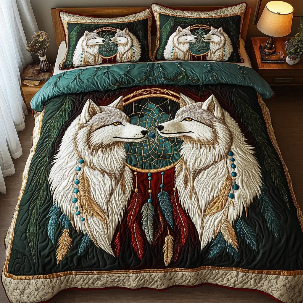 Spirit Guardians quilted 3-piece bedding set on a made bed with two matching pillow shams