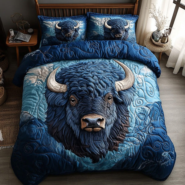 Spirit Horns quilted 3-piece bedding set on a made bed with two matching pillow shams