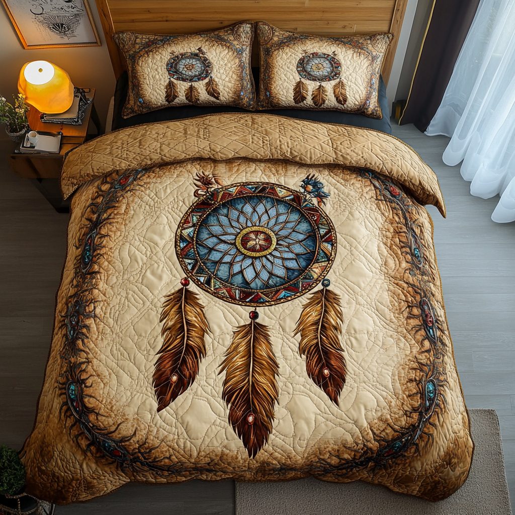 Spirit Net quilted 3-piece bedding set on a made bed with two matching pillow shams