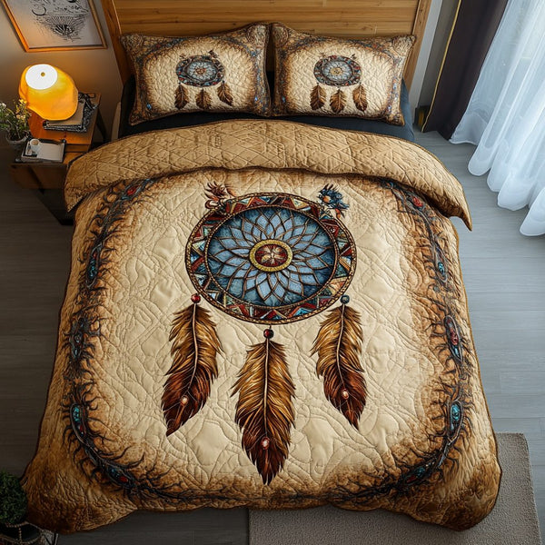 Spirit Net quilted 3-piece bedding set on a made bed with two matching pillow shams