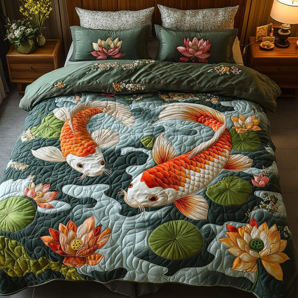 Spirit of Koi quilted 3-piece bedding set on a made bed with two matching pillow shams