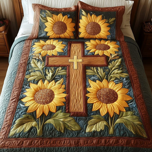 Spirit of Sunflowers quilted 3-piece bedding set on a made bed with two matching pillow shams