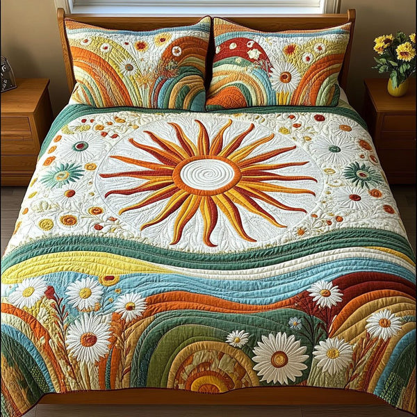 Spirit of Sunshine quilted 3-piece bedding set on a made bed with two matching pillow shams