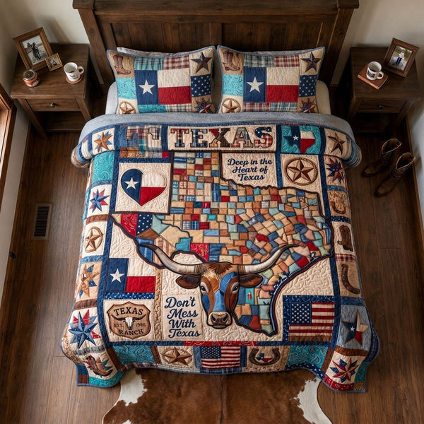 Spirit of Texas quilted 3-piece bedding set on a made bed in a rustic timber bedroom
