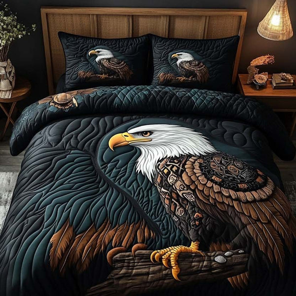 Spirit Of The Eagle quilted 3-piece bedding set on a made bed in a warmly lit bedroom