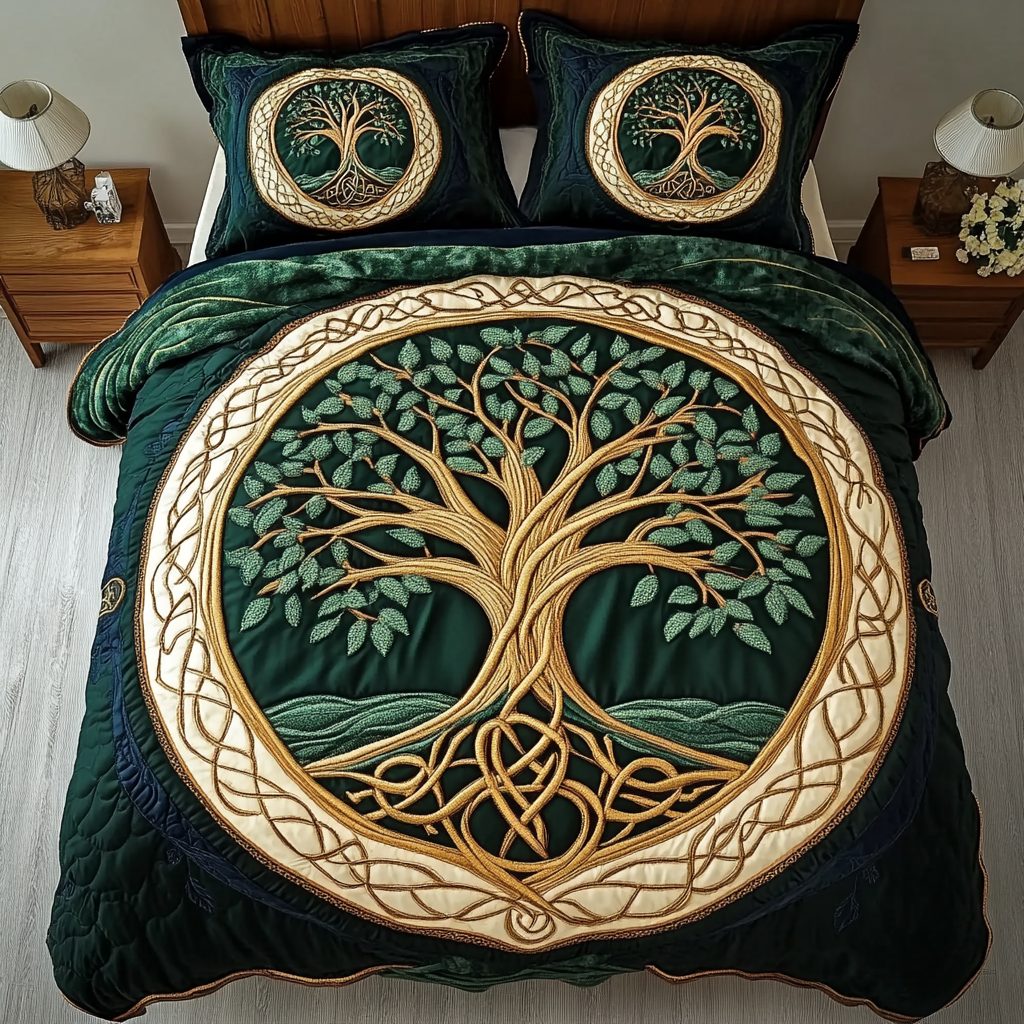 Spirit Of The Forest quilted 3-piece bedding set on a made bed with two matching pillow shams