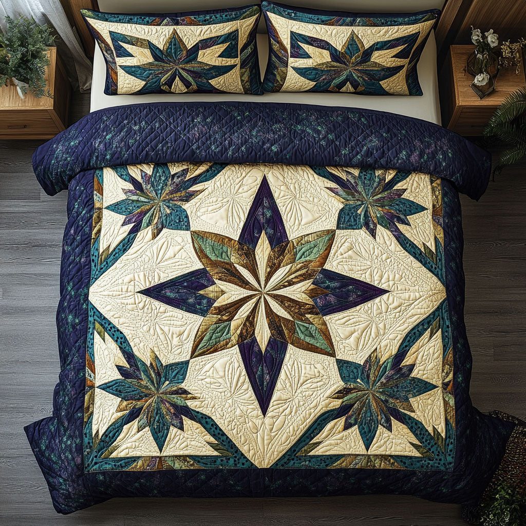 Spirit of the Land quilted 3-piece bedding set on a made bed with two matching pillow shams