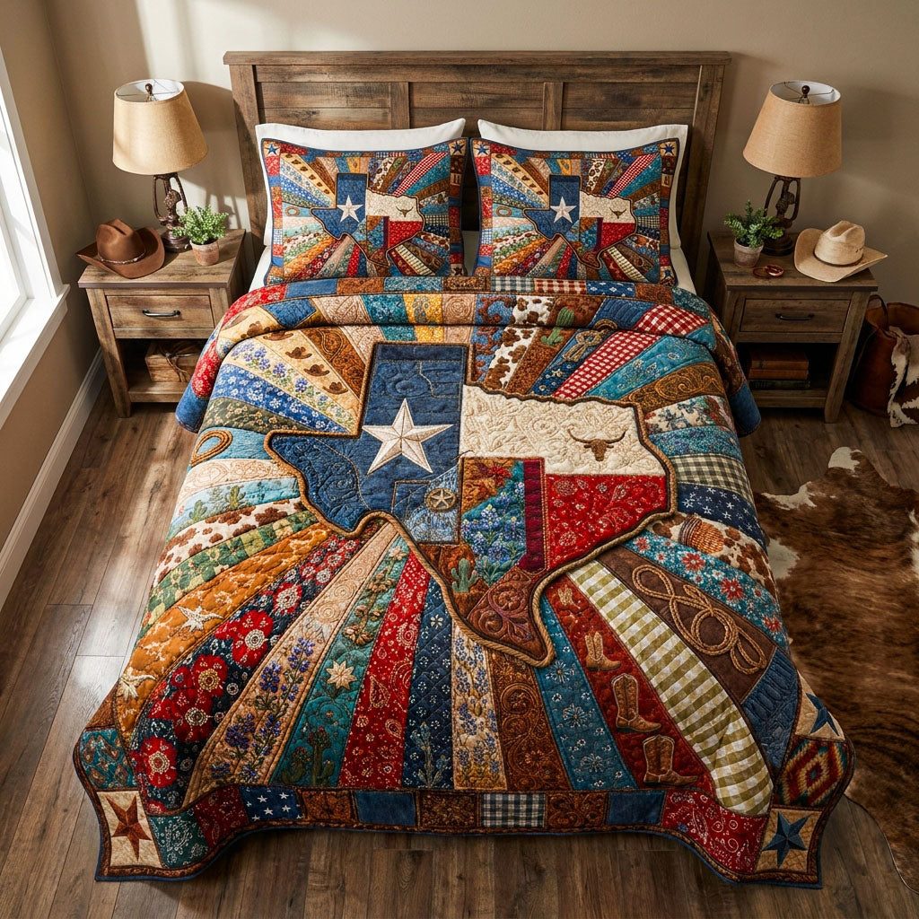 Spirit of the Lone Star quilted 3-piece bedding set on a made bed with two matching pillow shams