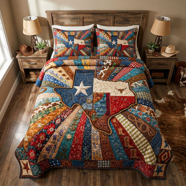 Spirit of the Lone Star quilted 3-piece bedding set on a made bed with two matching pillow shams