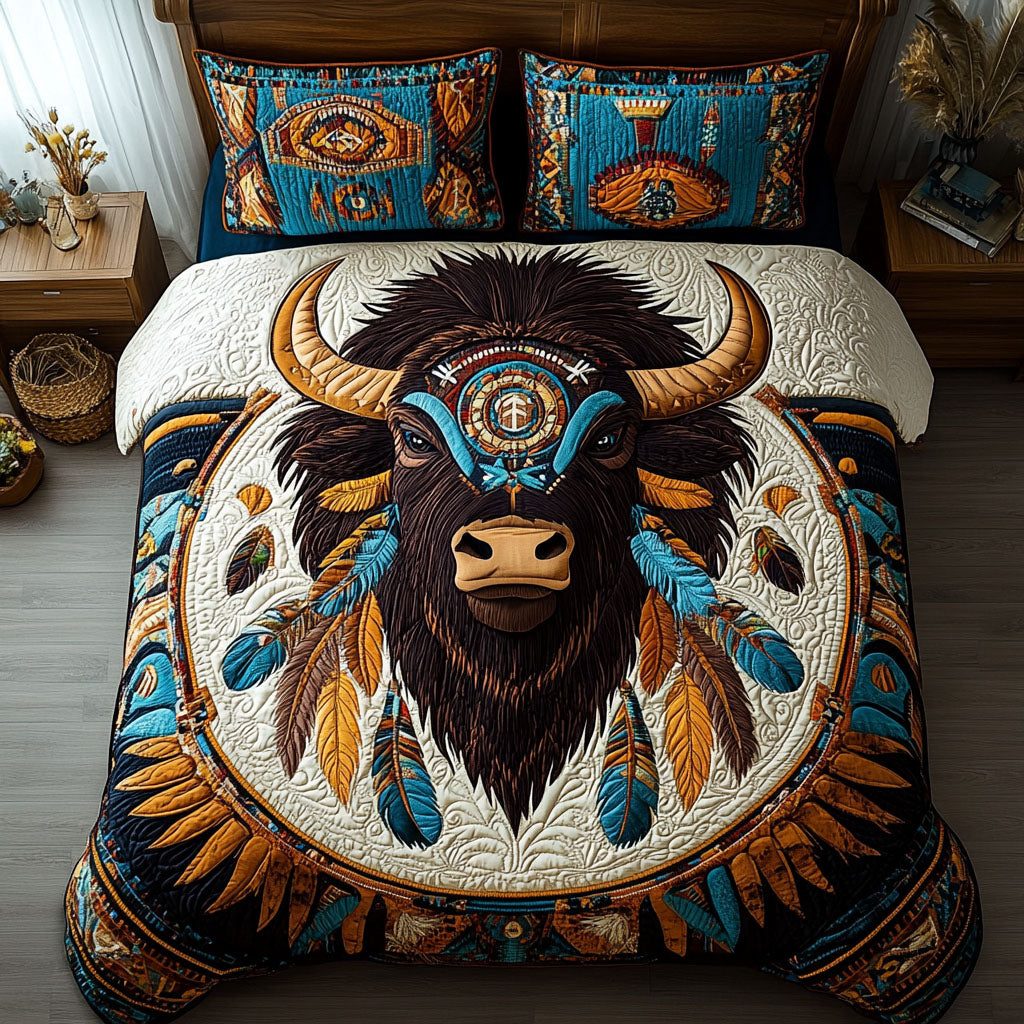 Spirit of the Loom quilted 3-piece bedding set on a made bed with two matching pillow shams
