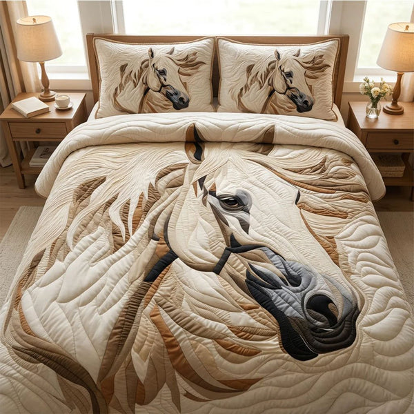Spirit of the Mane quilted 3-piece bedding set on a made bed with two matching pillow shams