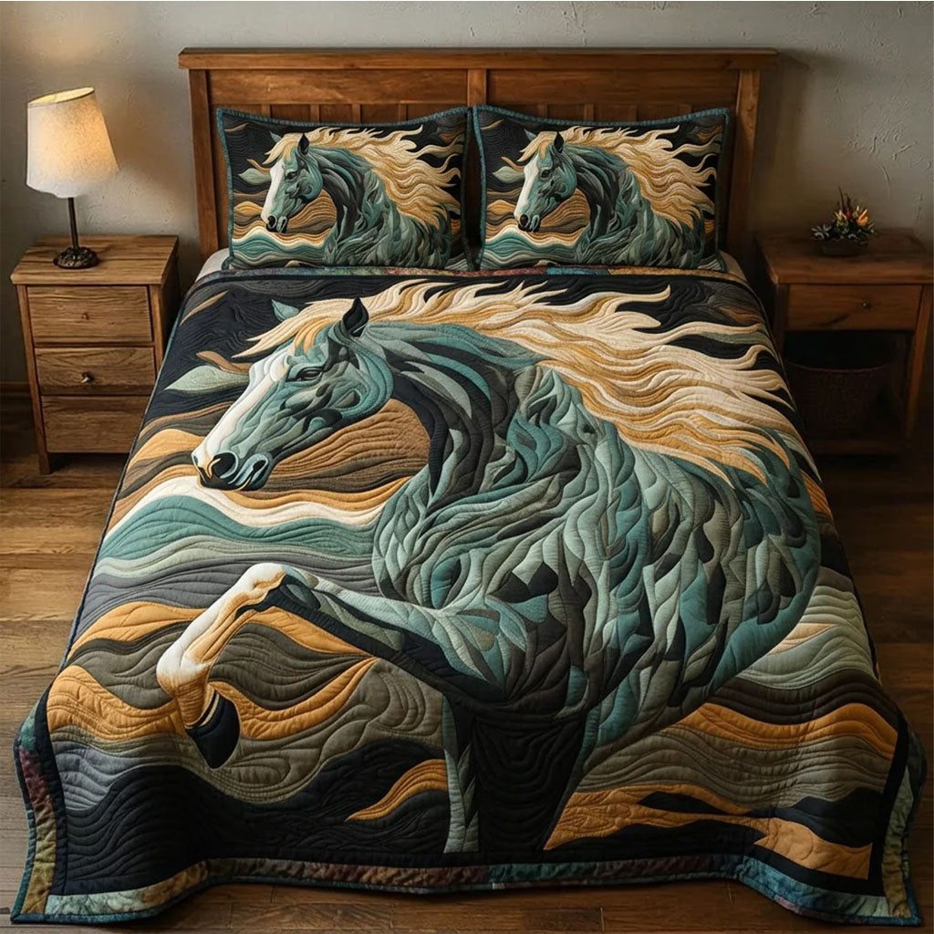 Spirit of the Mane quilted 3-piece bedding set on a made bed with two matching pillow shams