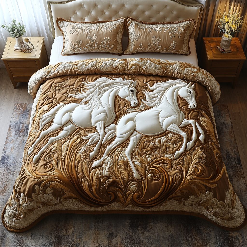 Spirit of the Meadow quilted 3-piece bedding set on a made bed with two matching pillow shams
