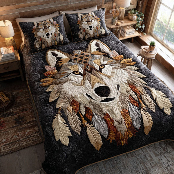 Spirit of the Moon Wolf quilted 3-piece bedding set on a made bed with two matching pillow shams