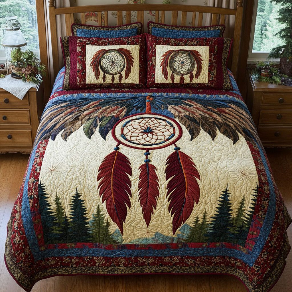Spirit of the Night quilted 3-piece bedding set on a made bed with two matching pillow shams