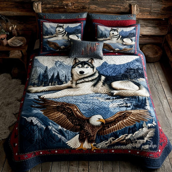 Spirit of the North quilted 3-piece bedding set on a made bed with two matching pillow shams