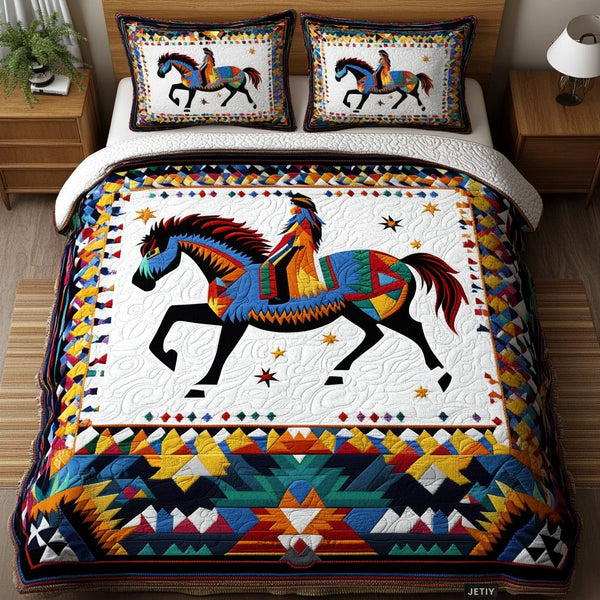 Spirit of the Plains quilted 3-piece bedding set on a made bed with two matching pillow shams