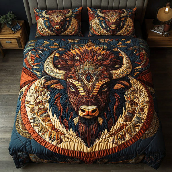 Spirit of the Plains quilted 3-piece bedding set on a made bed with two matching pillow shams