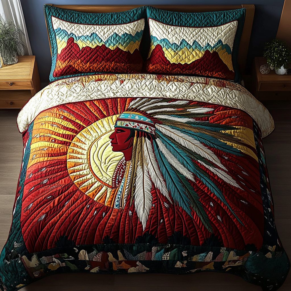 Spirit of the Plains quilted 3-piece bedding set on a made bed with two matching pillow shams