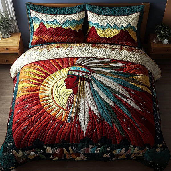 Spirit of the Plains quilted 3-piece bedding set on a made bed with two matching pillow shams