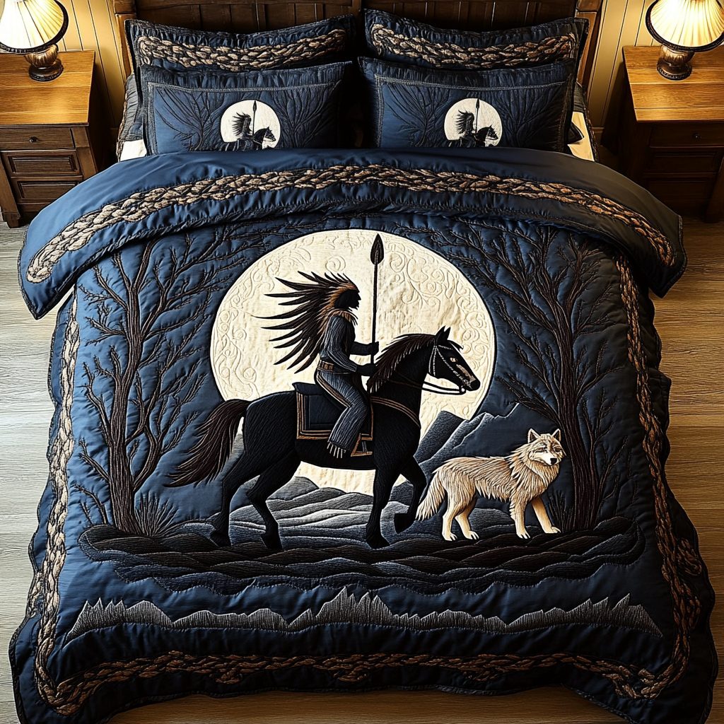 Spirit of the Plains quilted 3-piece bedding set on a made bed with two matching pillow shams