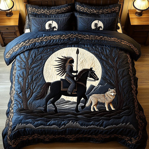 Spirit of the Plains quilted 3-piece bedding set on a made bed with two matching pillow shams