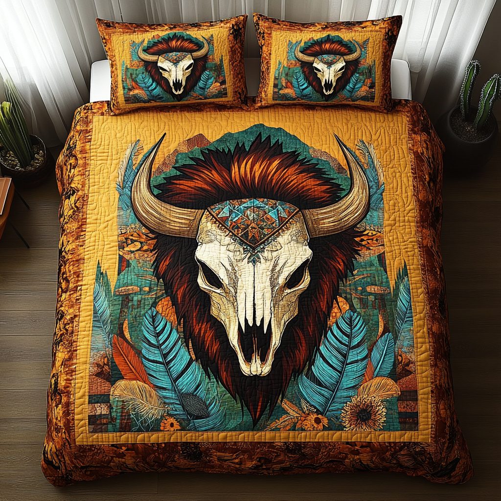 Spirit of the Plains quilted 3-piece bedding set on a made bed with two matching pillow shams